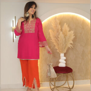 Pink And Orange Neck Detailing  Kurta Set