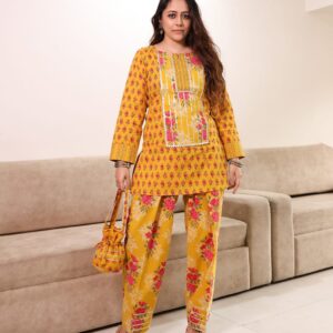 Mustard jaipuri cotton farshi kurta set