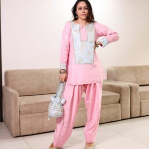 Pink Farshi kurta set with potli